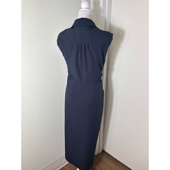 Cinq a Cept Black Sleeveless Button Up Ruched Midi Dress Sz 6 - Picture 3 of 5